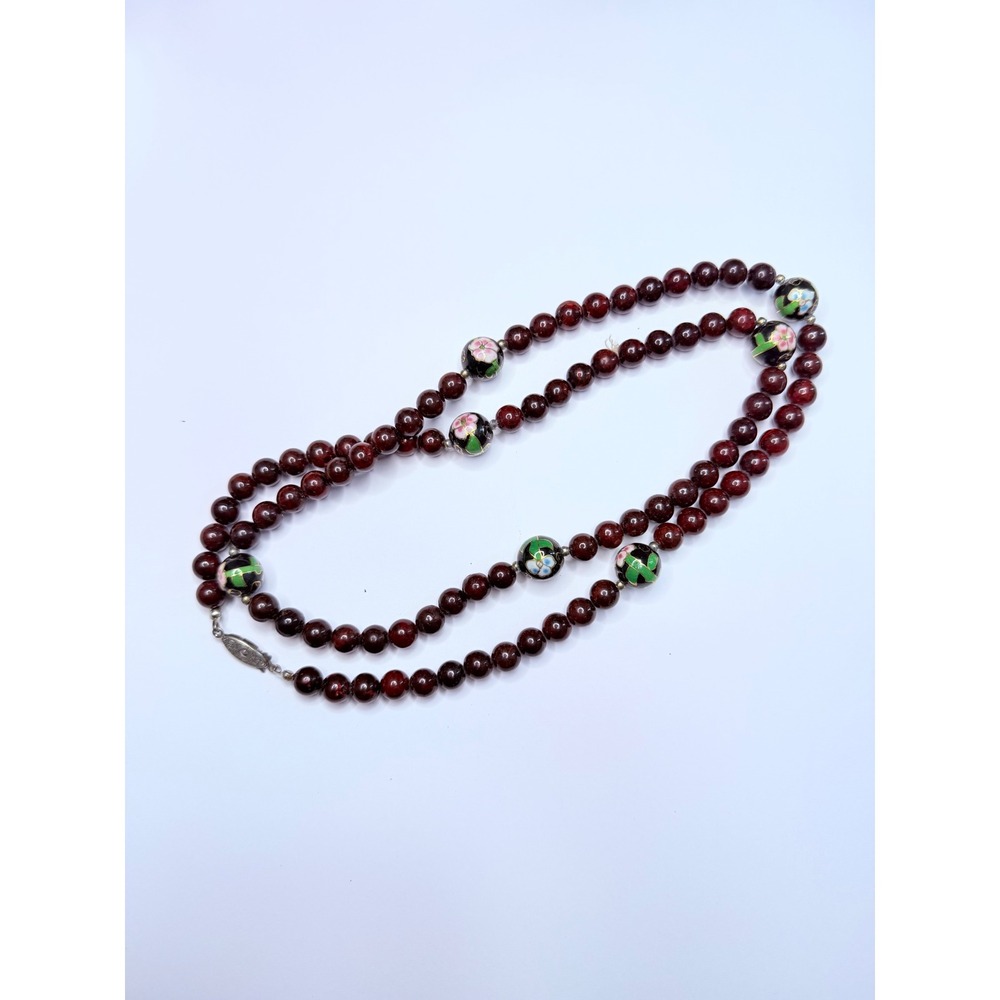 Vintage Garnet Red Bead & Cloisonné Necklace – Floral Enamel Accent Beads 30"
